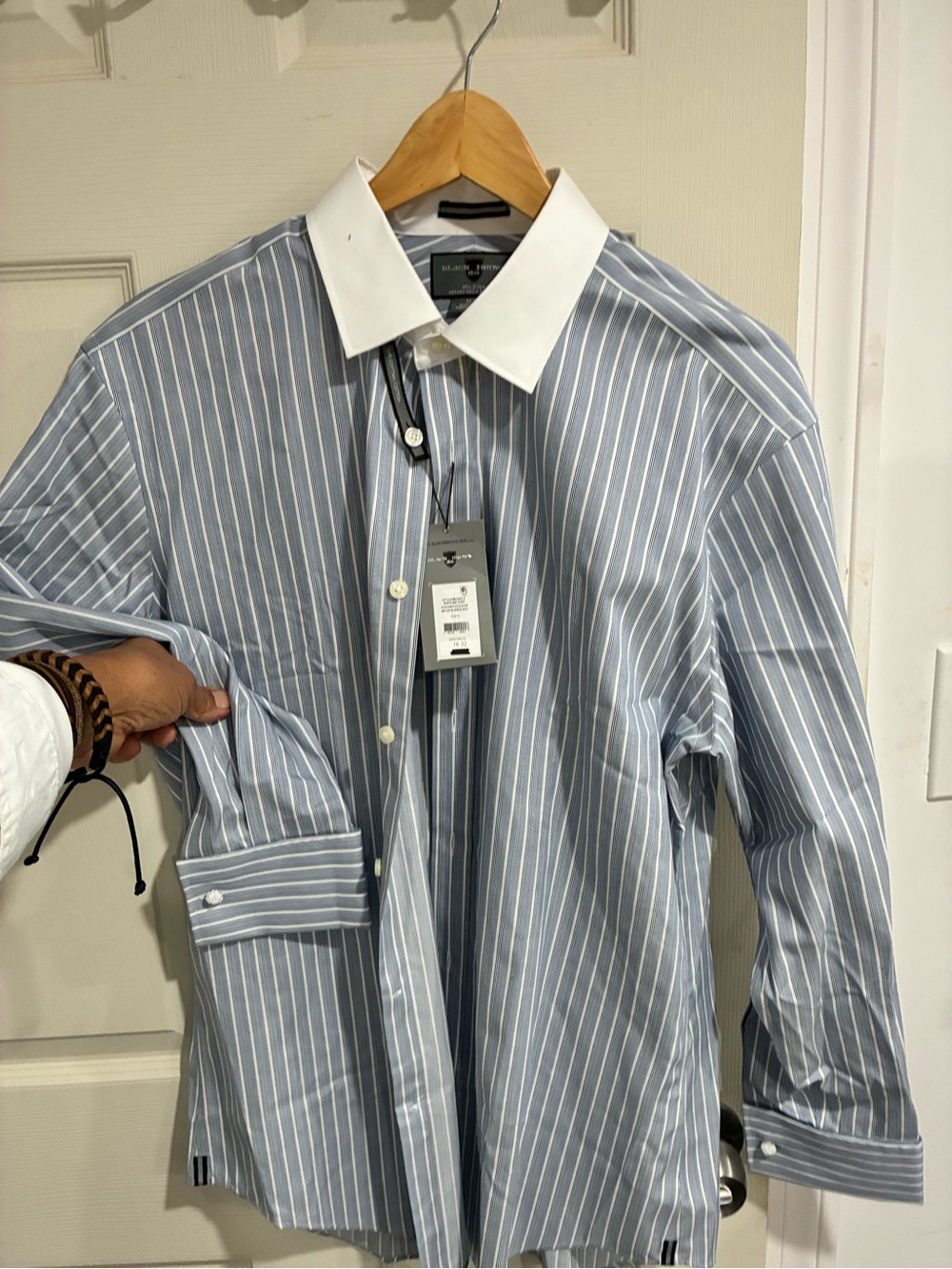 Black Brown 1826 Blue and White Stripe Dress Shirt with White Contrast Collar.